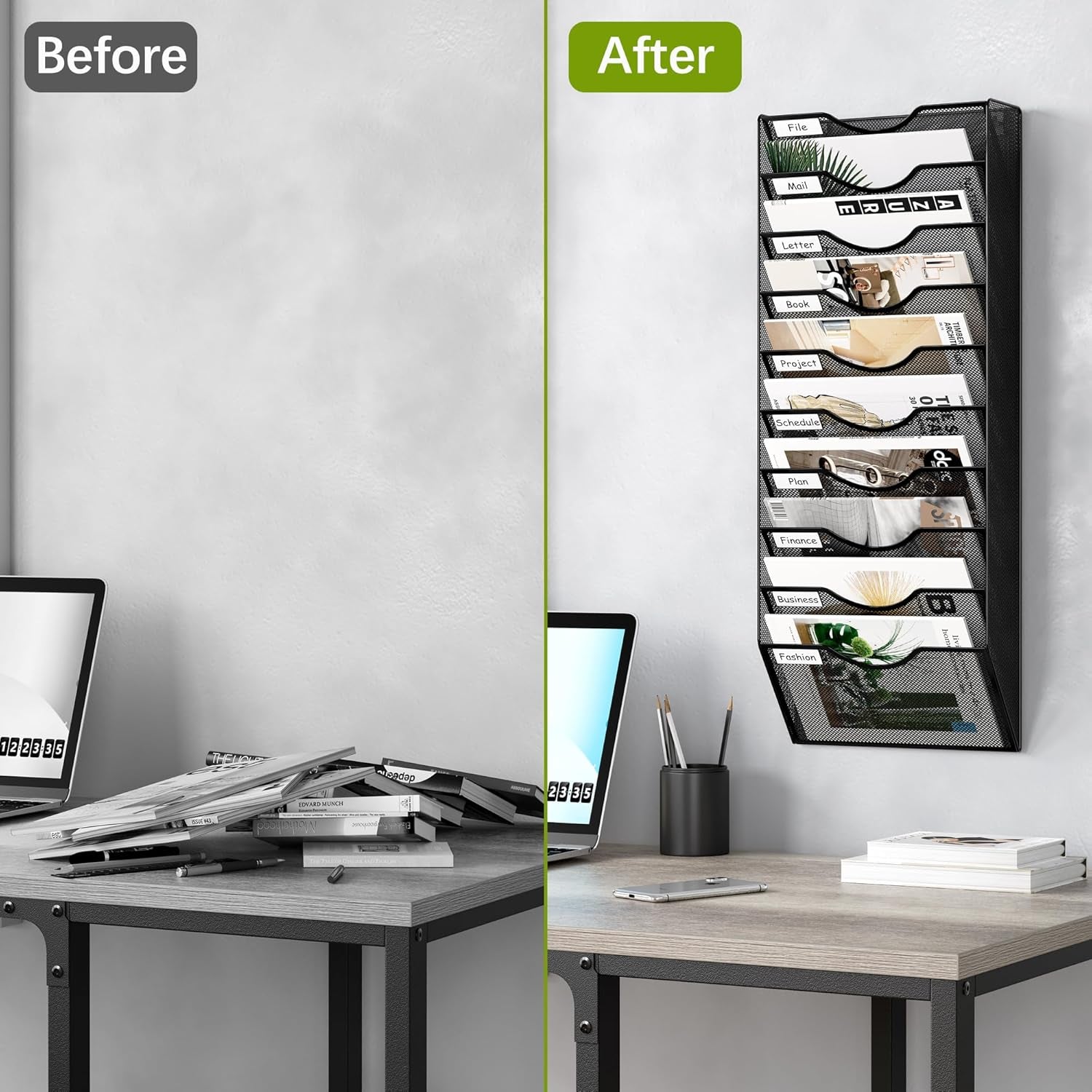 10 Pocket Mesh Wall File Organizer, Hanging Paper Folder Holder with Classify Label, Vertical Wall Mount Mail Organizer for Office Home Classroom, Black