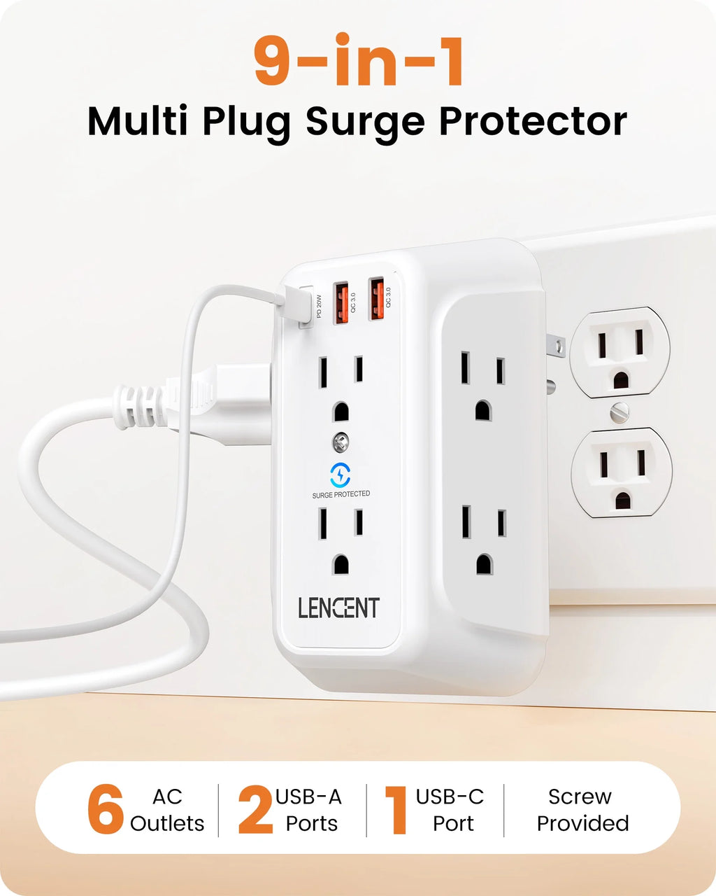 Multi Plug Outlet Extender Surge Protector with USB,6 Outlets Wall Adapter with PD 20W Type-C & 2 USB Ports,Electrical Outlet Wall Tap Charger,Power Strip with Surge Protection