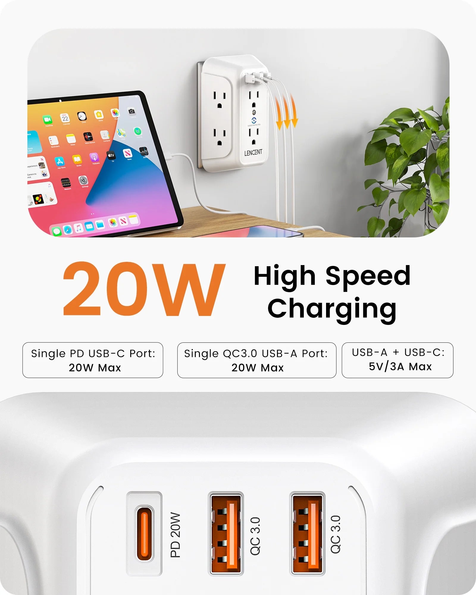 Multi Plug Outlet Extender Surge Protector with USB,6 Outlets Wall Adapter with PD 20W Type-C & 2 USB Ports,Electrical Outlet Wall Tap Charger,Power Strip with Surge Protection